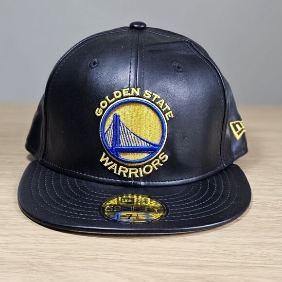 New Era Golden State Warriors Leather Hat Cap Black Yellow 59FIFTY 7 1/8 Curry - Picture 2 of 14